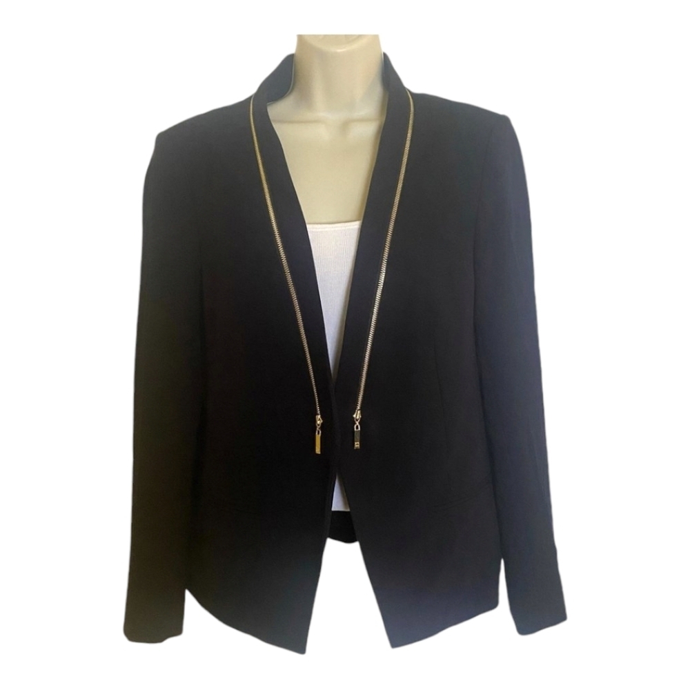 Ivanka Trump Navy Blue Open Front Gold Zippered Blazer size 12 EUC